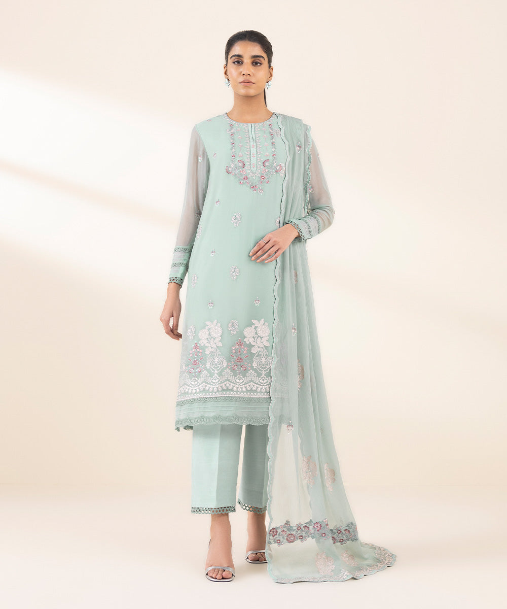 Women's Unstitched Green Blended Chiffon, Chiffon 3 Piece Suit 