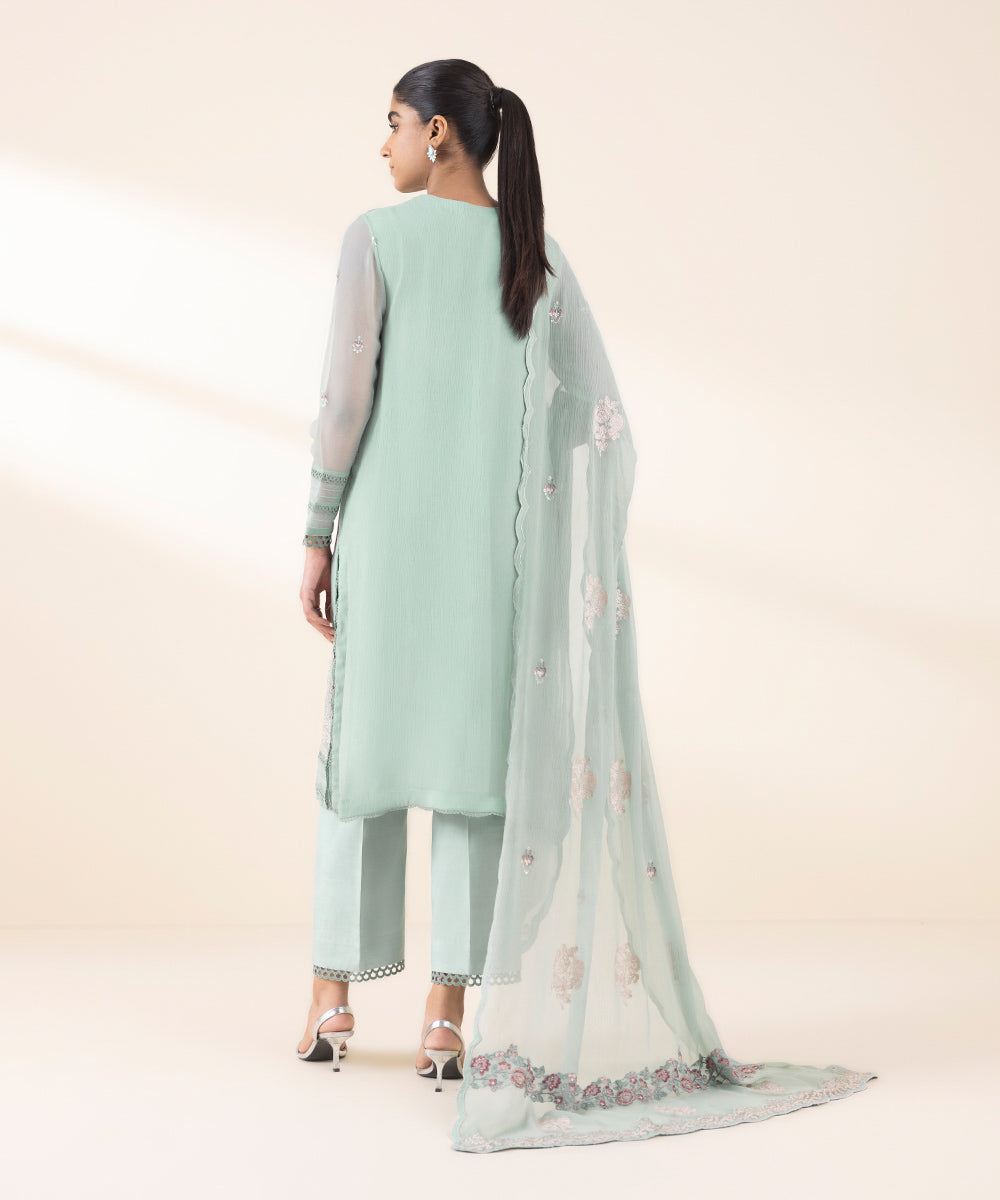 Women's Unstitched Green Blended Chiffon, Chiffon 3 Piece Suit 