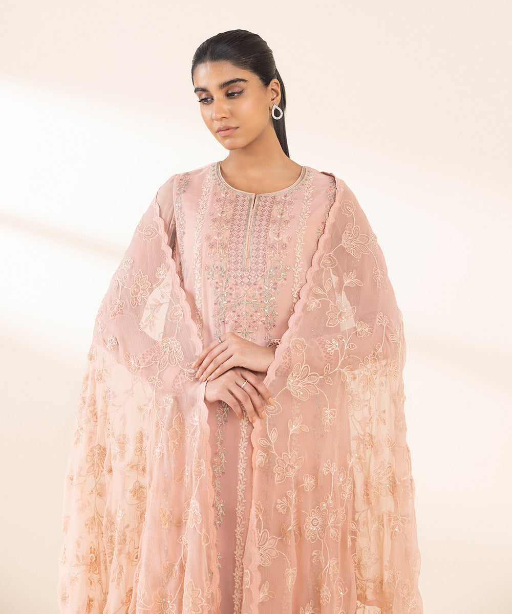 Women's Unstitched Pink Blended Chiffon, Chiffon 3 Piece Suit 