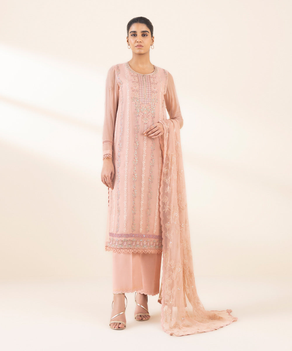 Women's Unstitched Pink Blended Chiffon, Chiffon 3 Piece Suit 