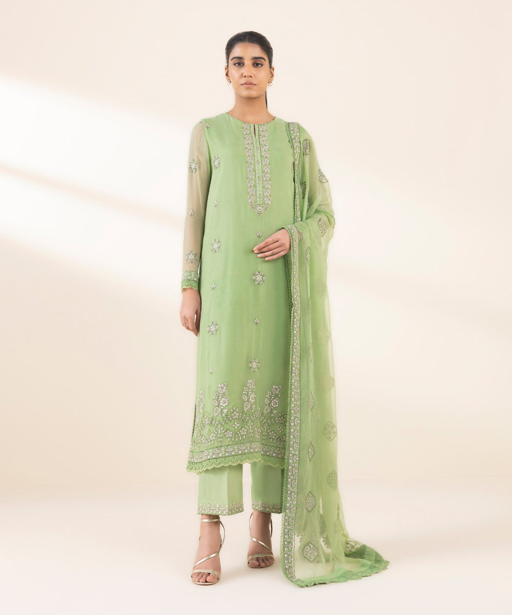 Women's Unstitched Green Blended Chiffon, Chiffon 3 Piece Suit 