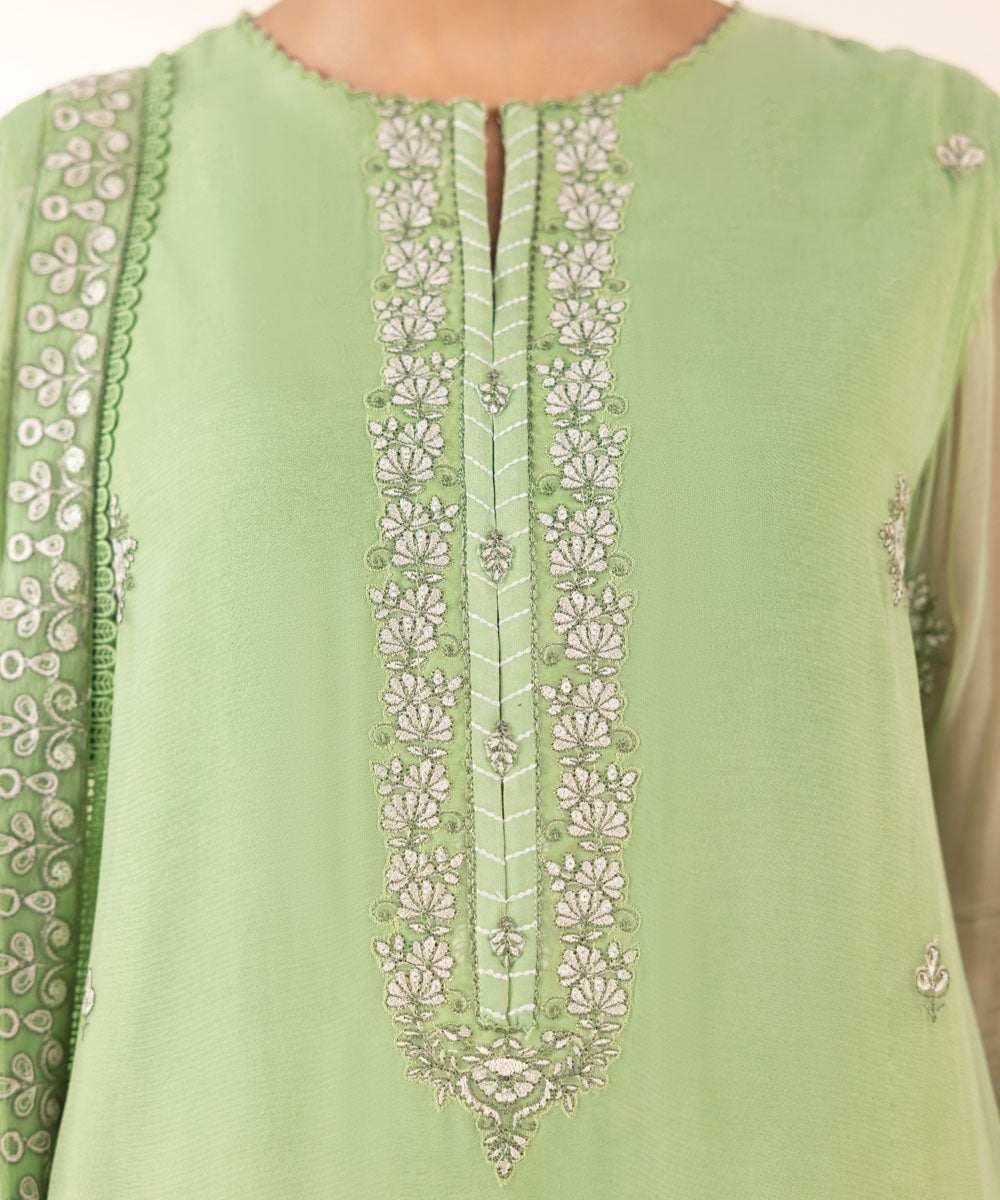 Women's Unstitched Green Blended Chiffon, Chiffon 3 Piece Suit 