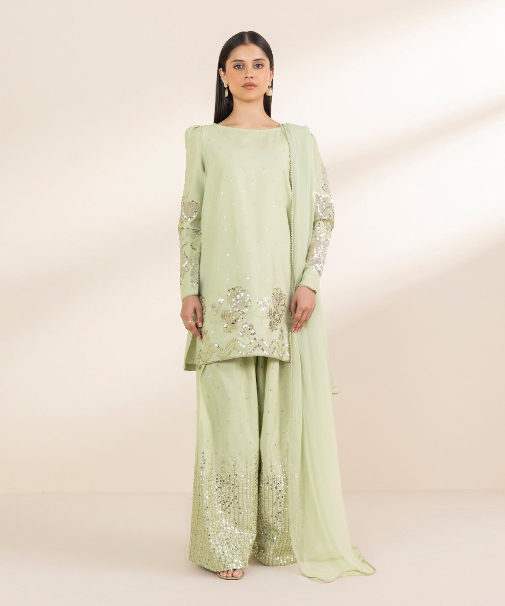 Unstitched Women's Green Chambray 3 Piece Suit