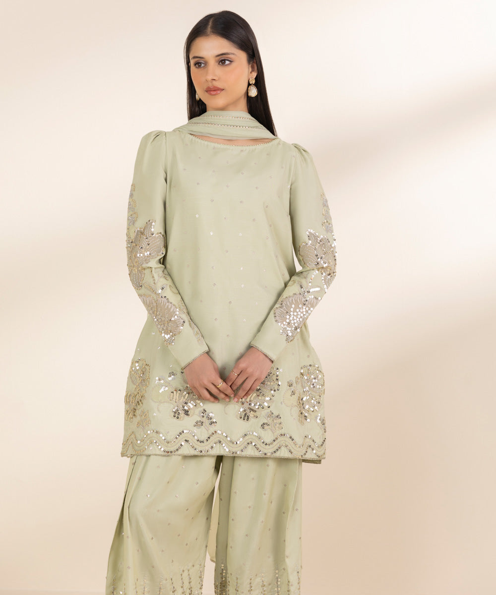 Unstitched Women's Green Chambray 3 Piece Suit