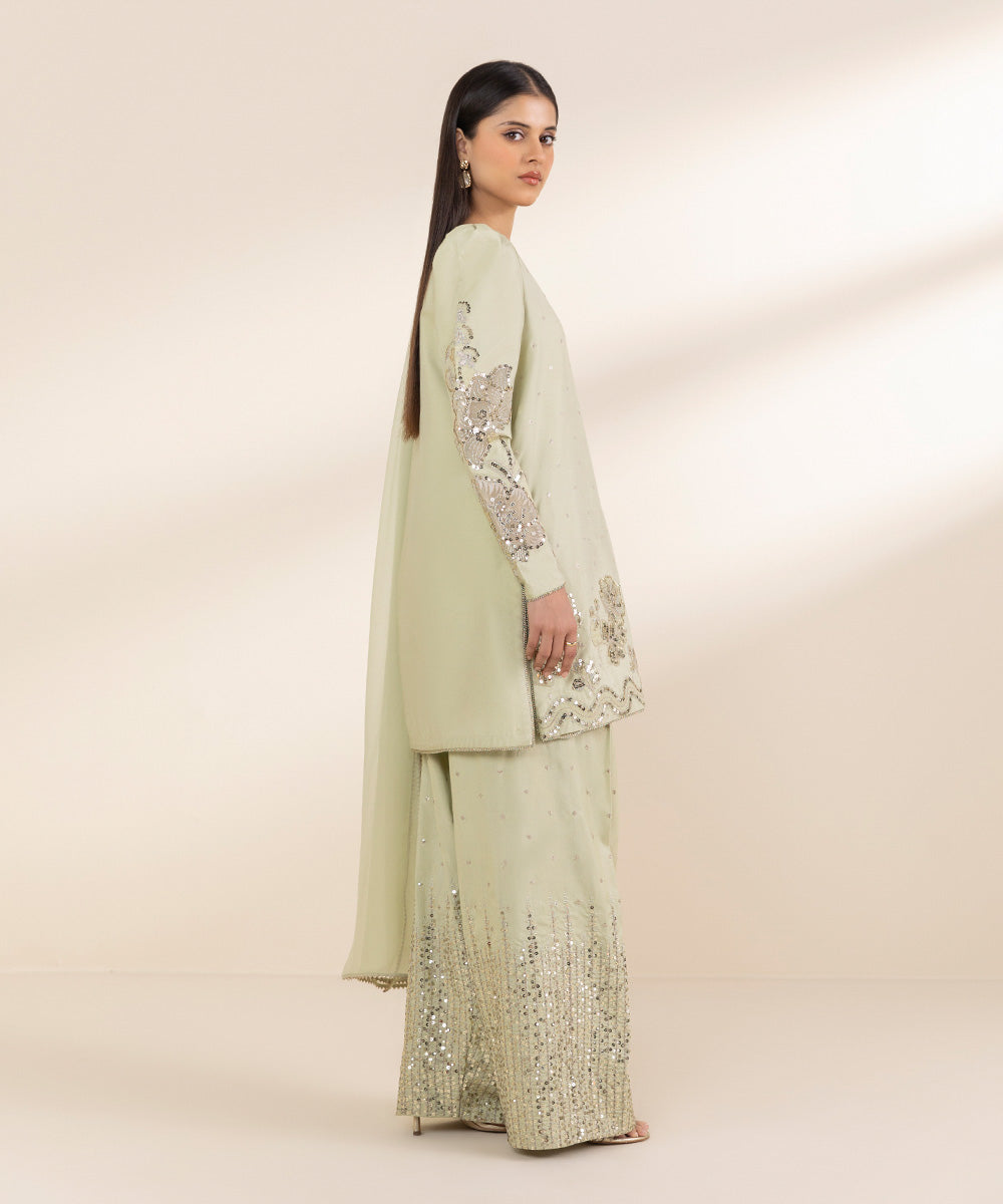 Unstitched Women's Green Chambray 3 Piece Suit