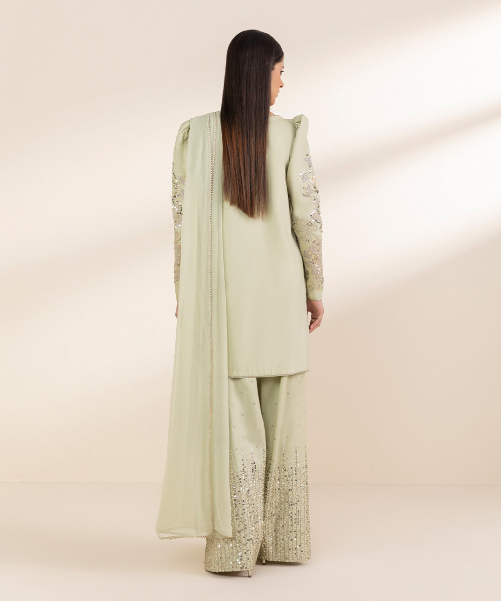Unstitched Women's Green Chambray 3 Piece Suit