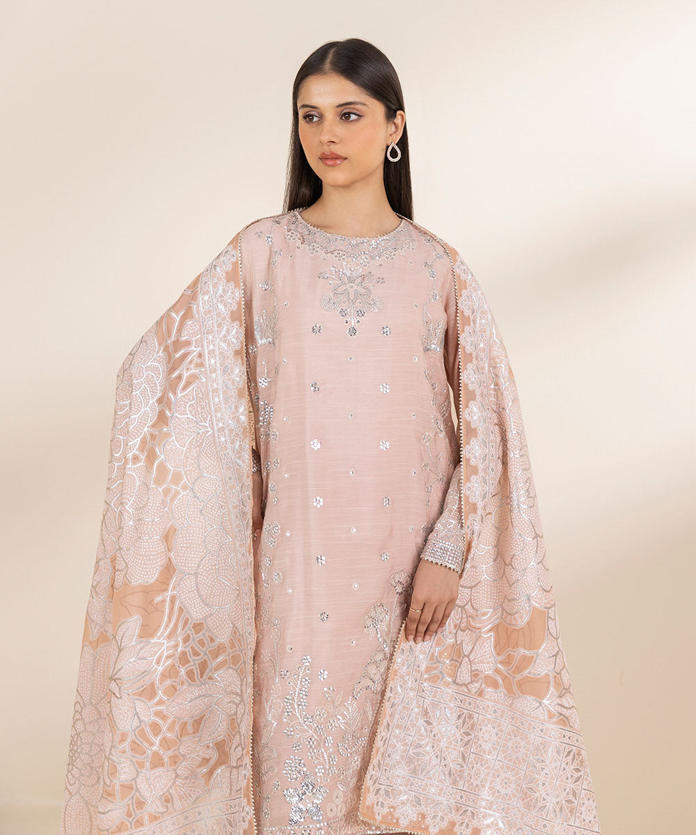 Unstitched Women's Pink Cotton Satin Embroidered 3 Piece Suit 
