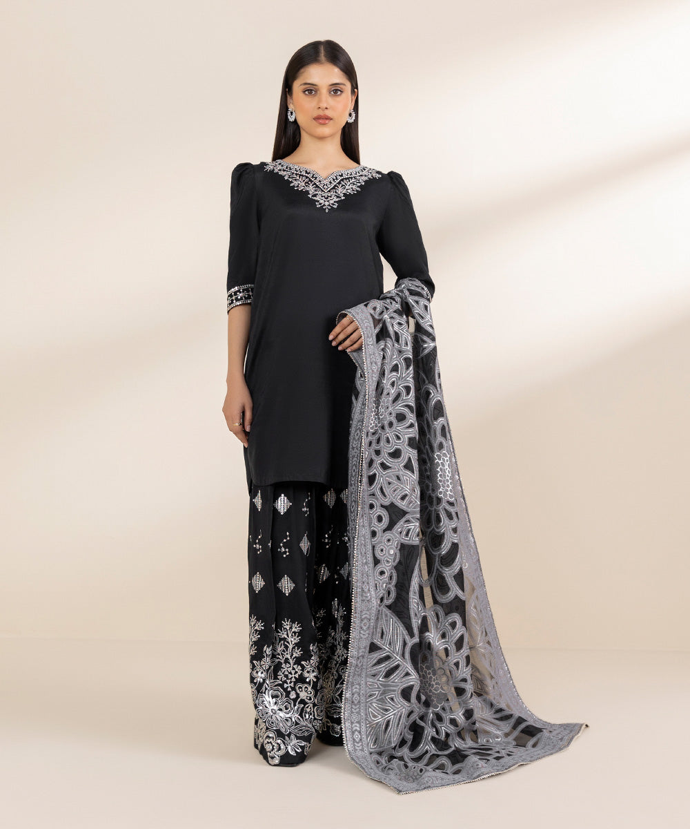 Unstitched Women's Black Cotton Satin Embroidered 3 Piece Suit 