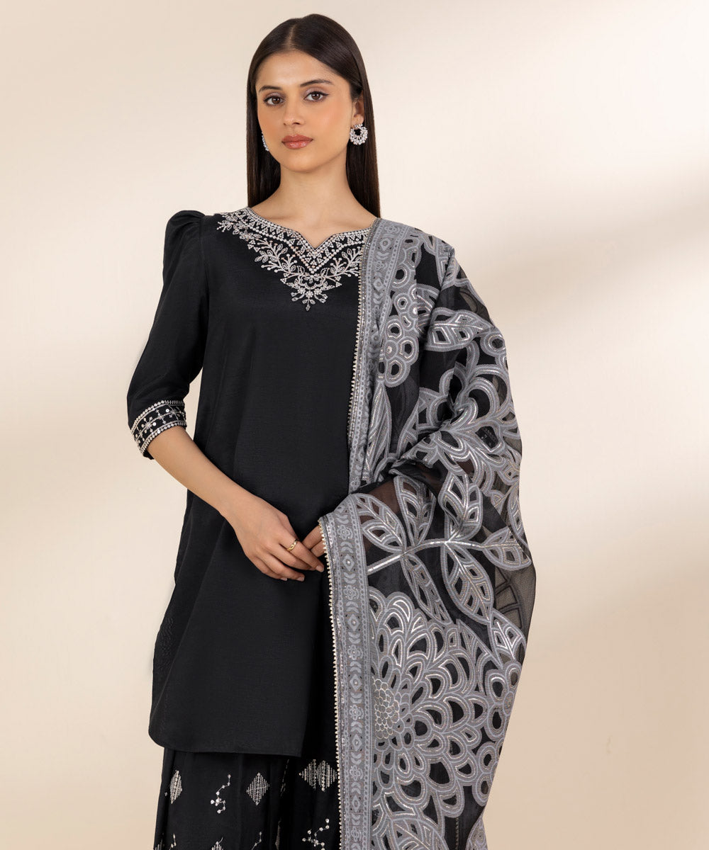 Unstitched Women's Black Cotton Satin Embroidered 3 Piece Suit 