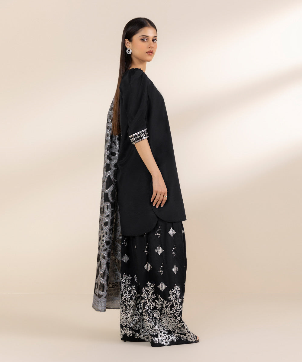 Unstitched Women's Black Cotton Satin Embroidered 3 Piece Suit 