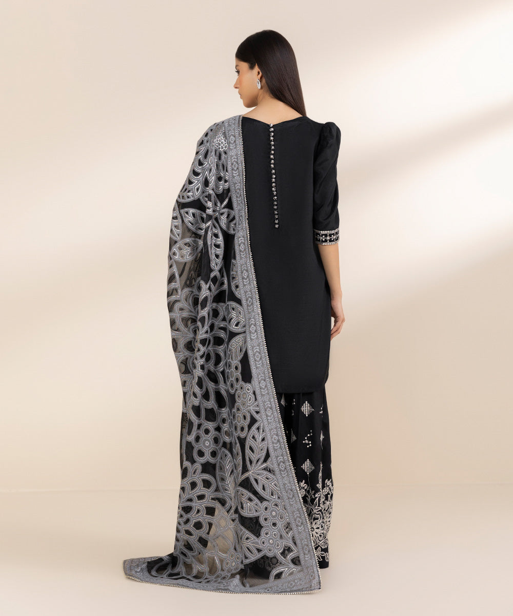 Unstitched Women's Black Cotton Satin Embroidered 3 Piece Suit 