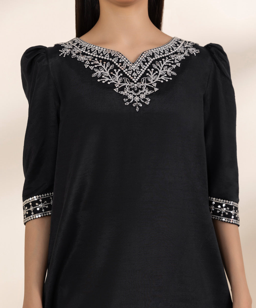 Unstitched Women's Black Cotton Satin Embroidered 3 Piece Suit 
