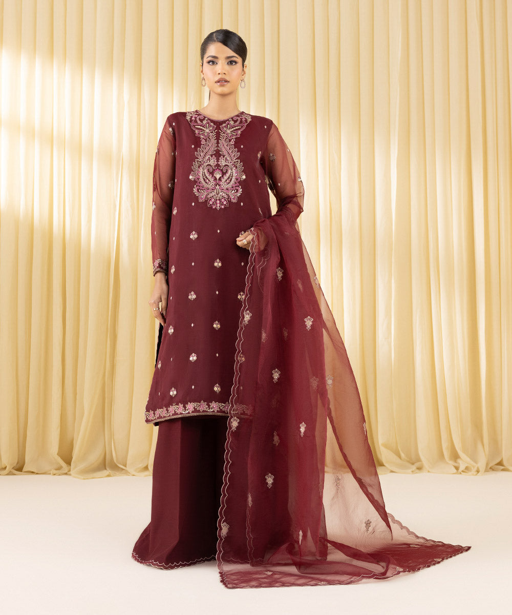 Women's Unstitched Blended Organza Embroidered Red 3 Piece Suit