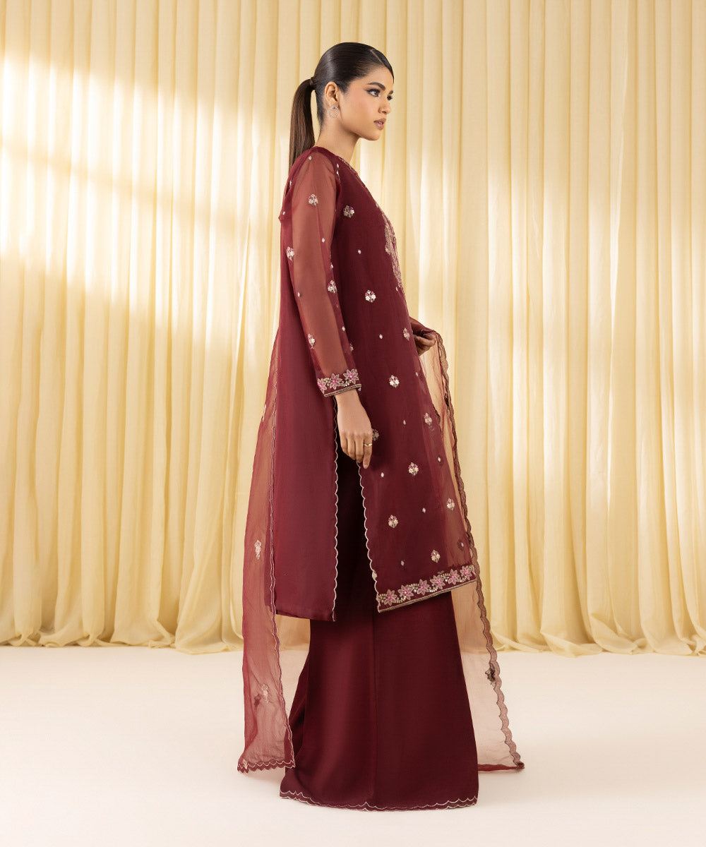 Women's Unstitched Blended Organza Embroidered Red 3 Piece Suit