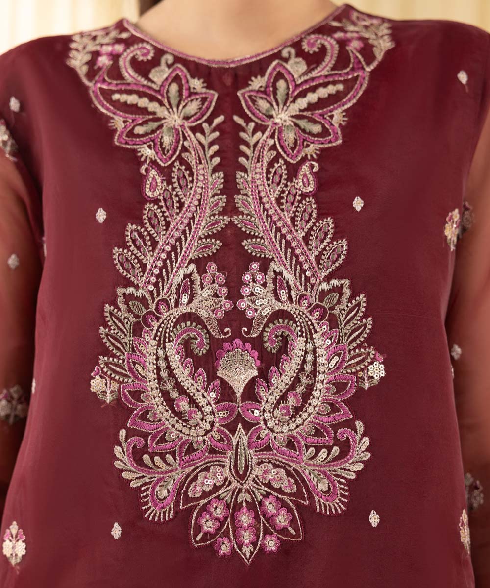 Women's Unstitched Blended Organza Embroidered Red 3 Piece Suit