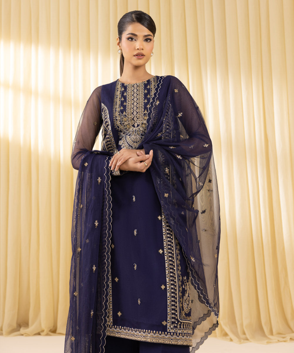 Women's Unstitched Blended Net Embroidered Blue 3 Piece Suit