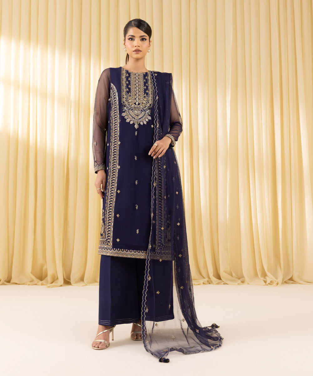 Women's Unstitched Blended Net Embroidered Blue 3 Piece Suit