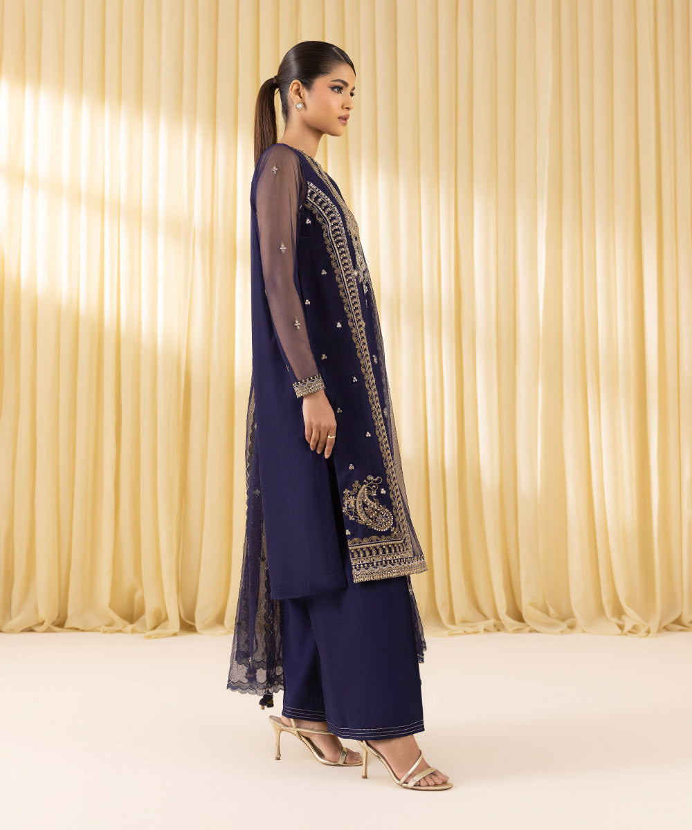 Women's Unstitched Blended Net Embroidered Blue 3 Piece Suit