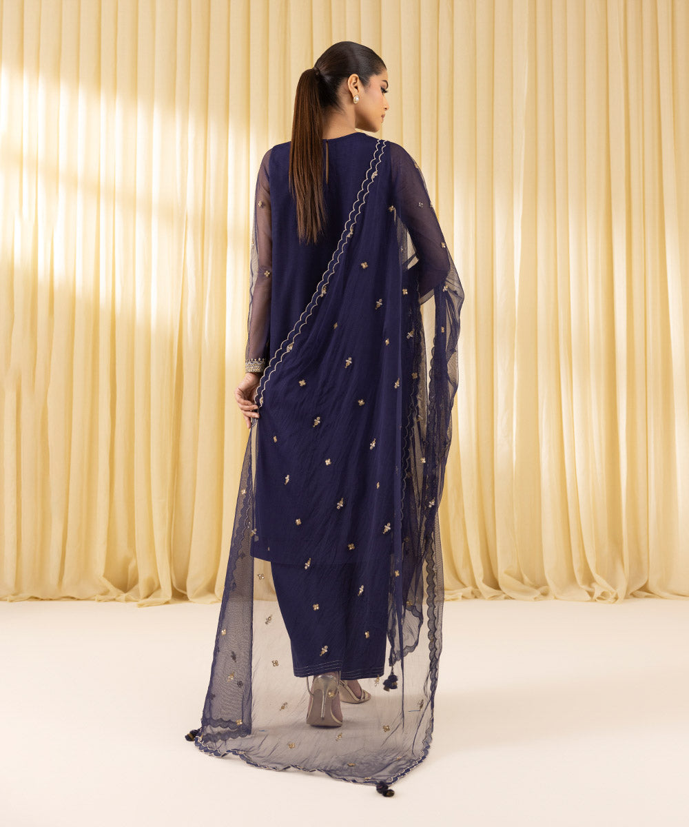 Women's Unstitched Blended Net Embroidered Blue 3 Piece Suit