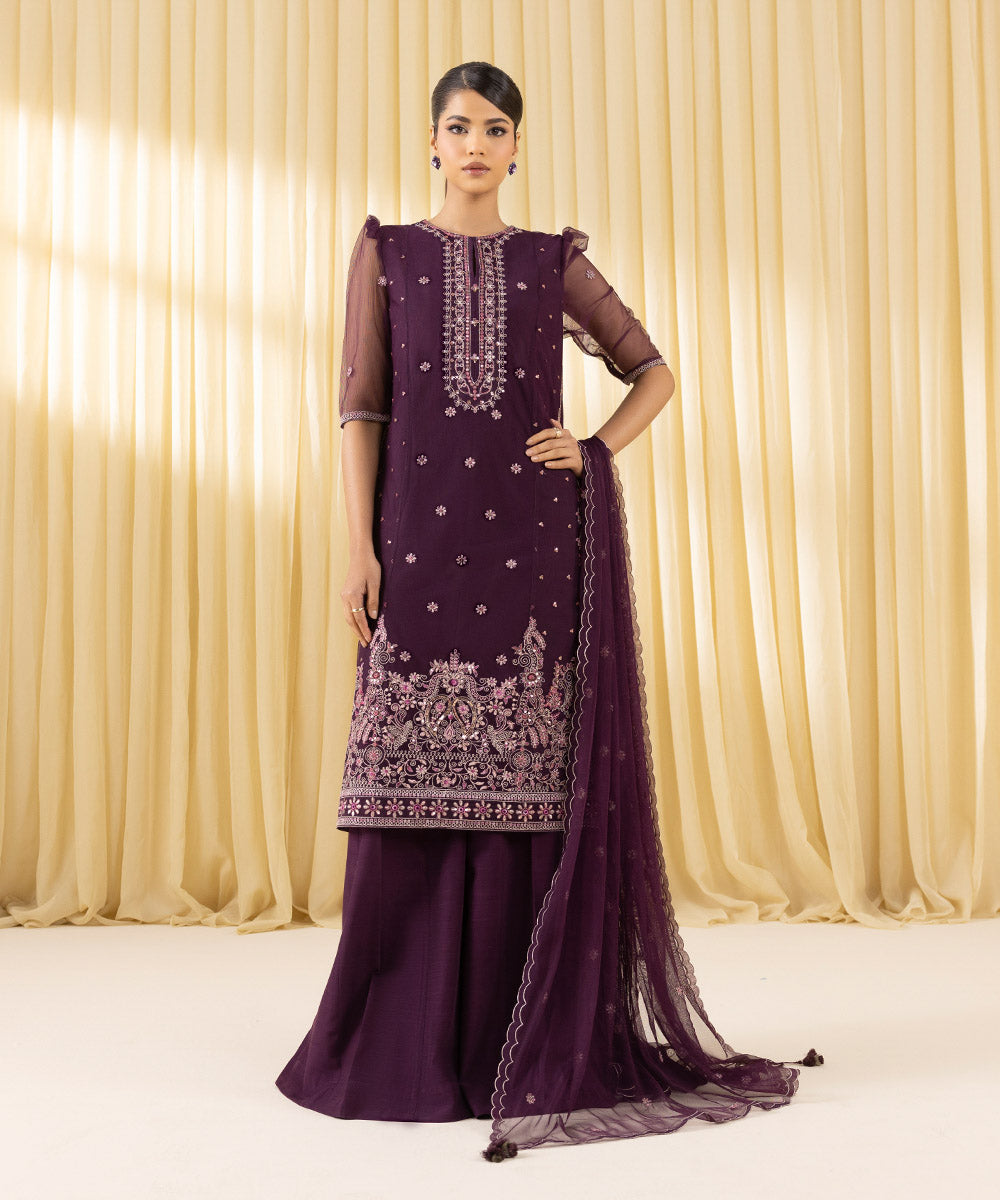 Women's Unstitched Blended Net Embroidered Purple 3 Piece Suit