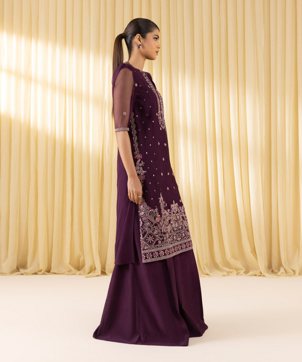 Women's Unstitched Blended Net Embroidered Purple 3 Piece Suit