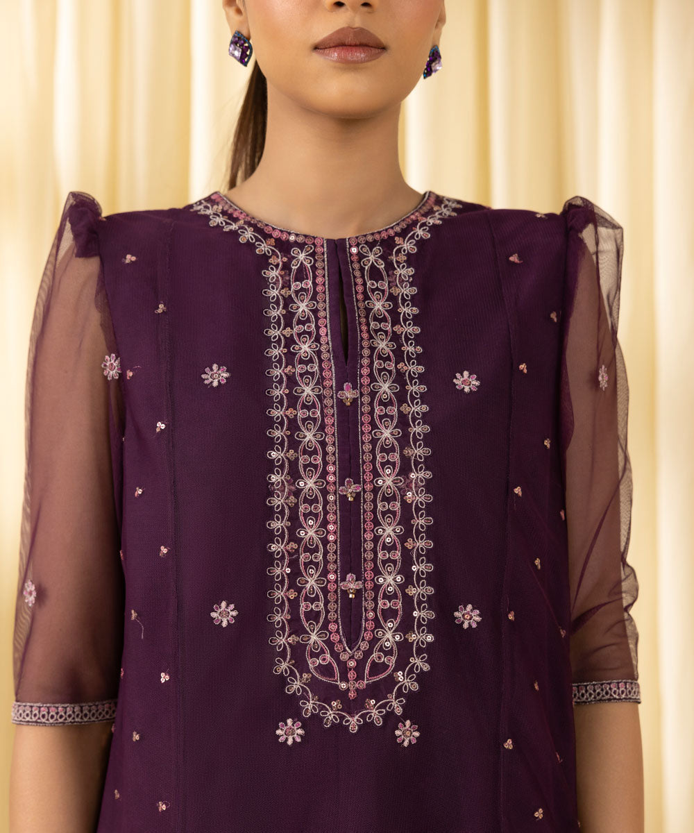 Women's Unstitched Blended Net Embroidered Purple 3 Piece Suit