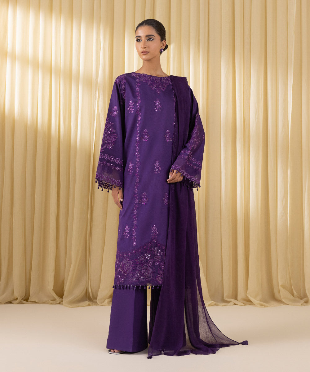 Women's Unstitched Fine Cotton Satin Embroidered Purple 3 Piece Suit