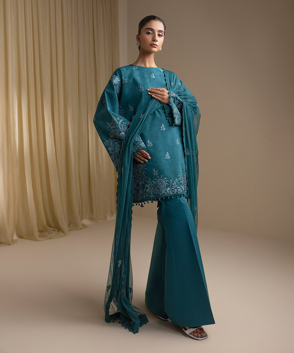 Women's Unstitched Cotton Jacquard Embroidered Green 3 Piece Suit