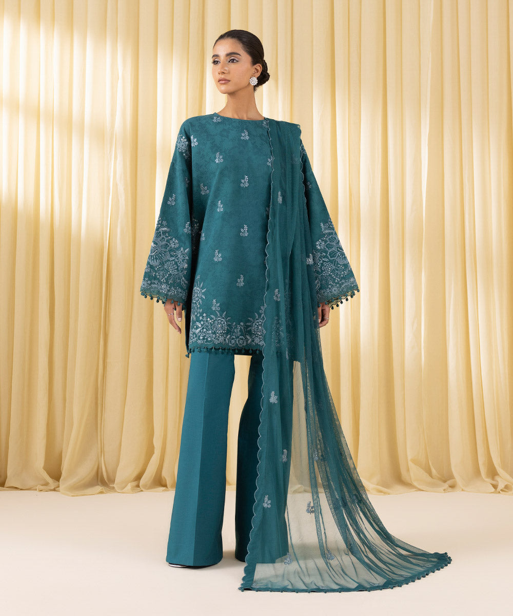 Women's Unstitched Cotton Jacquard Embroidered Green 3 Piece Suit