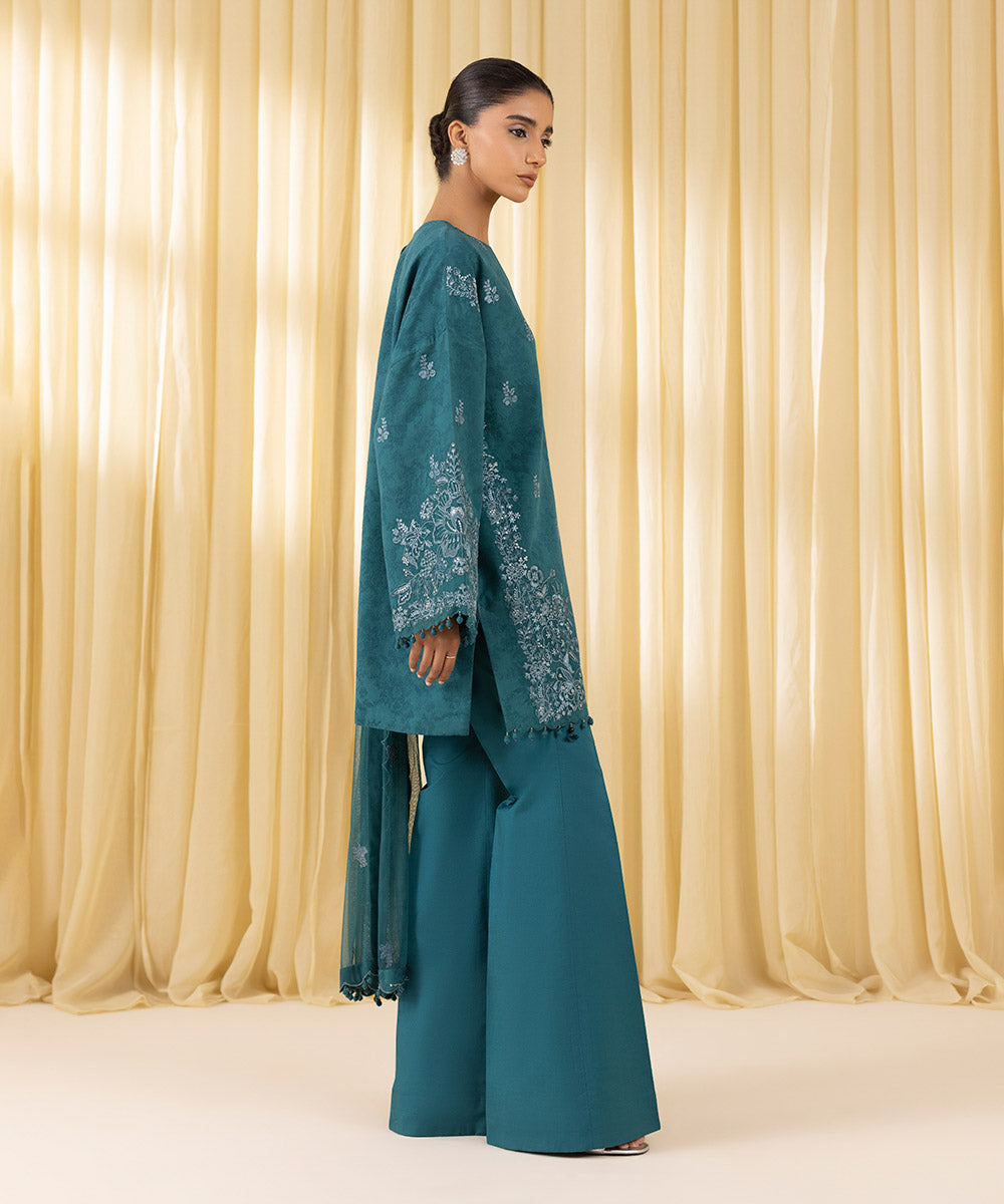 Women's Unstitched Cotton Jacquard Embroidered Green 3 Piece Suit