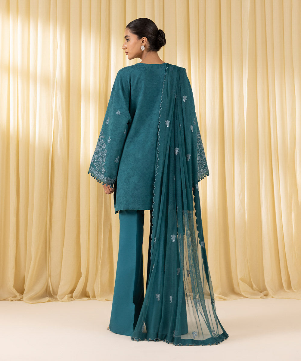Women's Unstitched Cotton Jacquard Embroidered Green 3 Piece Suit