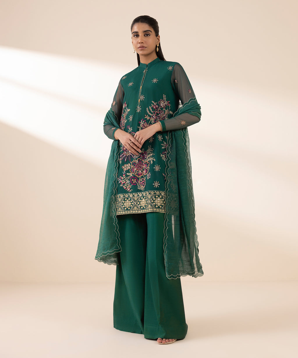 Women's Unstitched Blended Net Embroidered Green 3 Piece Suit