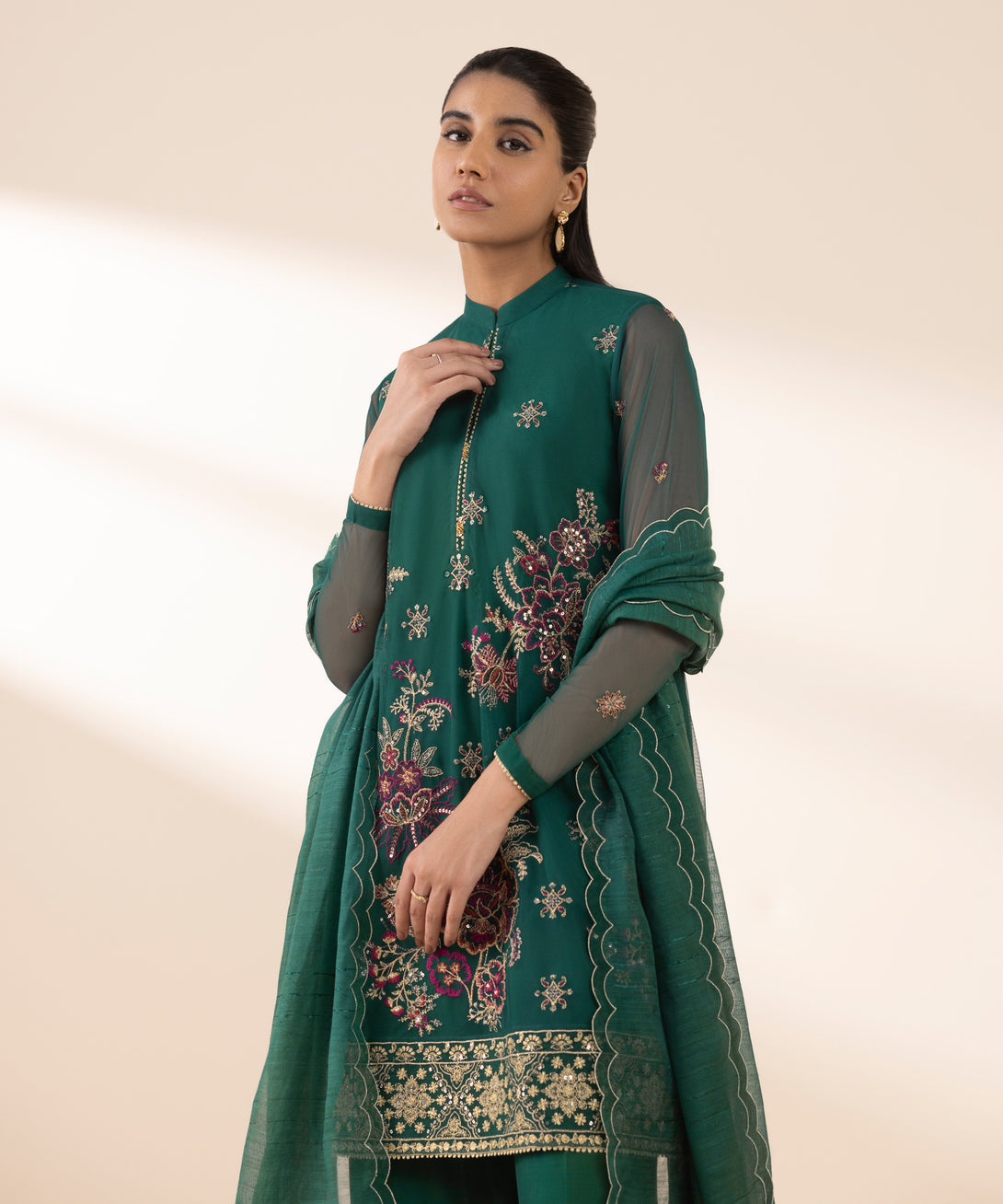 Women's Unstitched Blended Net Embroidered Green 3 Piece Suit