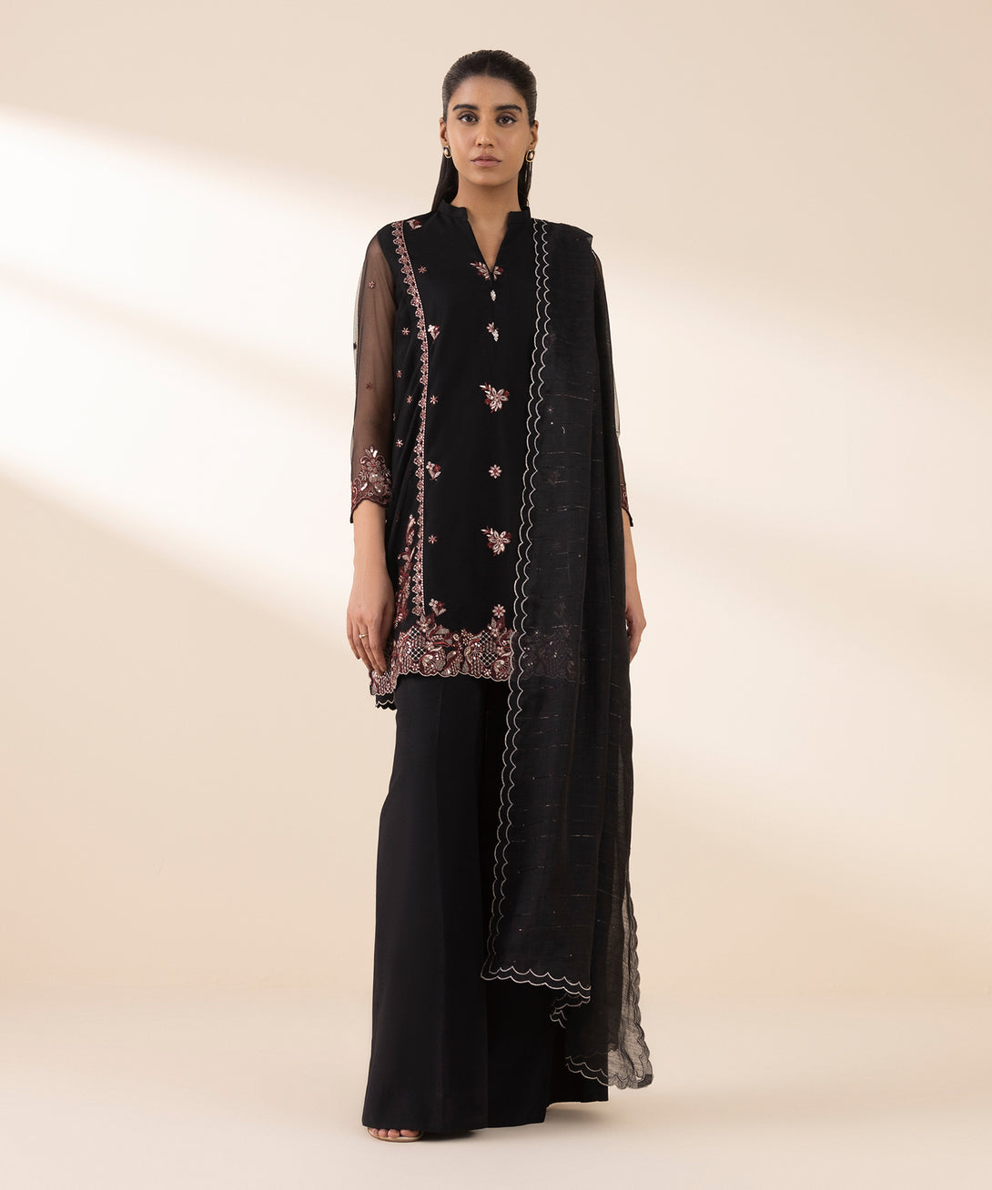 Women's Unstitched Blended Net Embroidered Black 3 Piece Suit