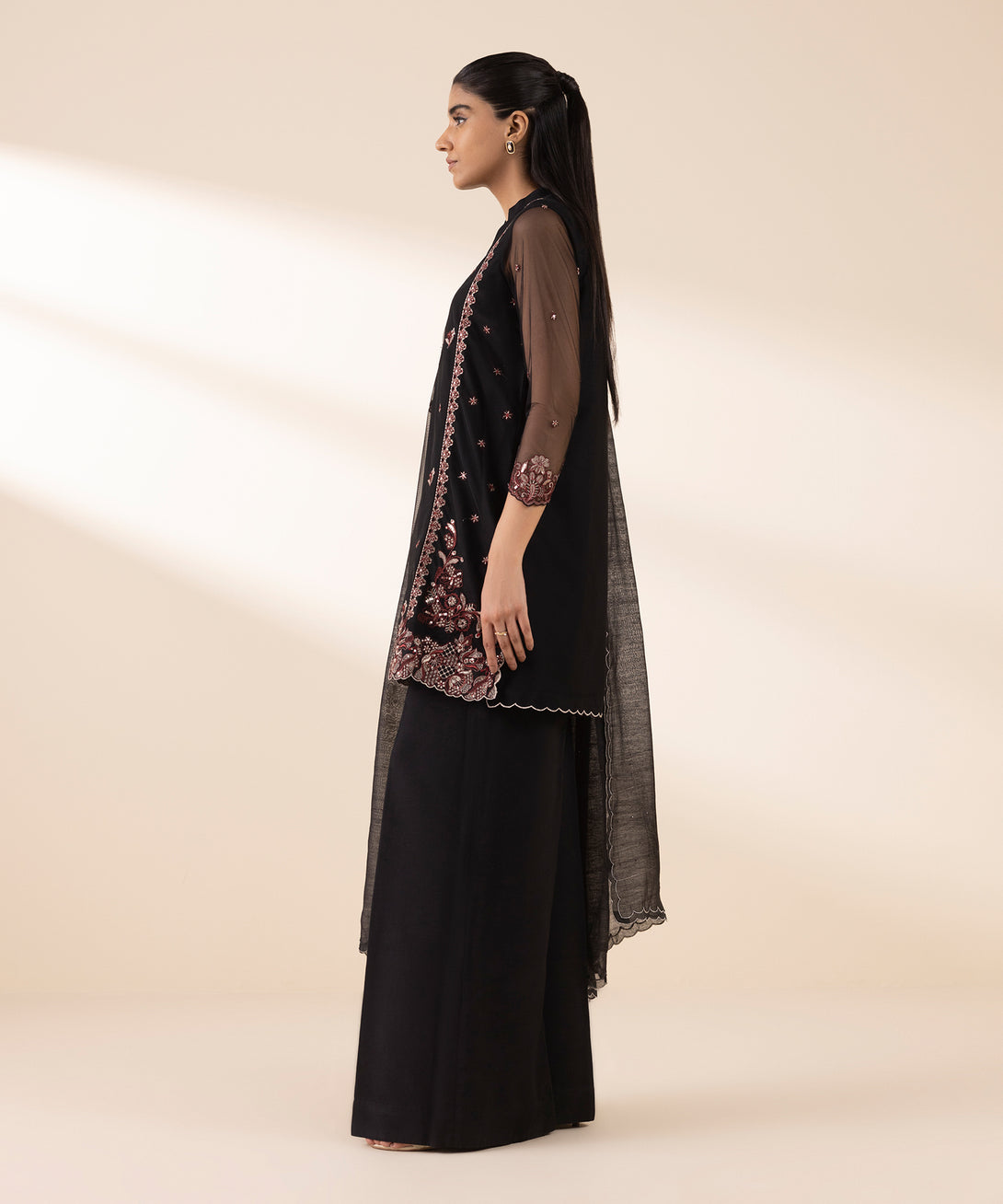 Women's Unstitched Blended Net Embroidered Black 3 Piece Suit