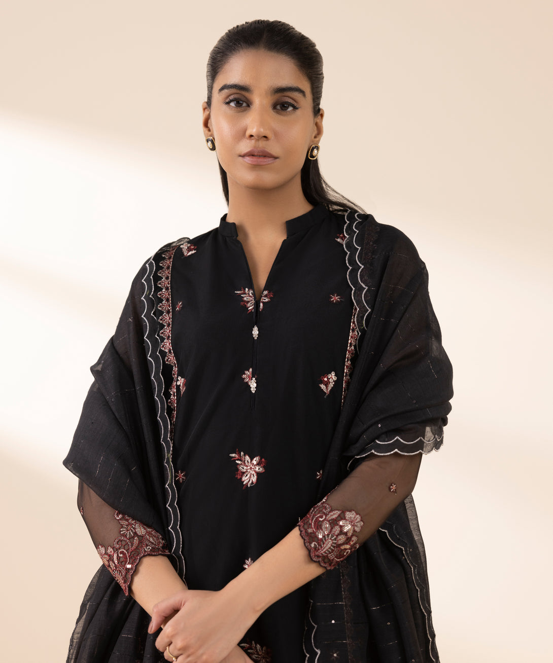 Women's Unstitched Blended Net Embroidered Black 3 Piece Suit