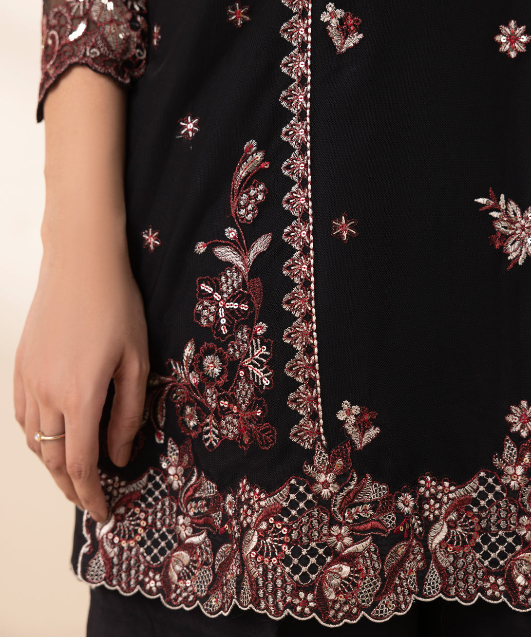 Women's Unstitched Blended Net Embroidered Black 3 Piece Suit