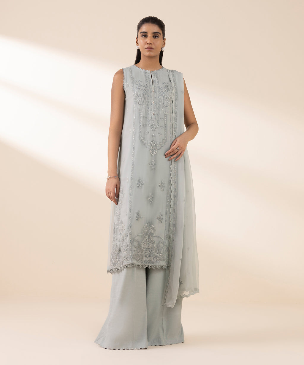 Women's Unstitched Blended Chiffon Embroidered Grey 3 Piece Suit