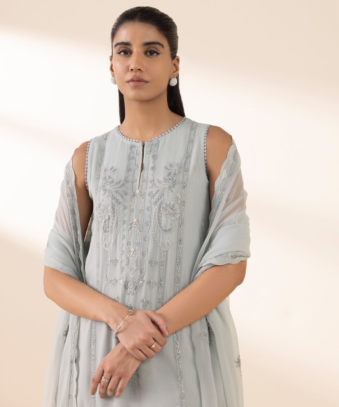 Women's Unstitched Blended Chiffon Embroidered Grey 3 Piece Suit