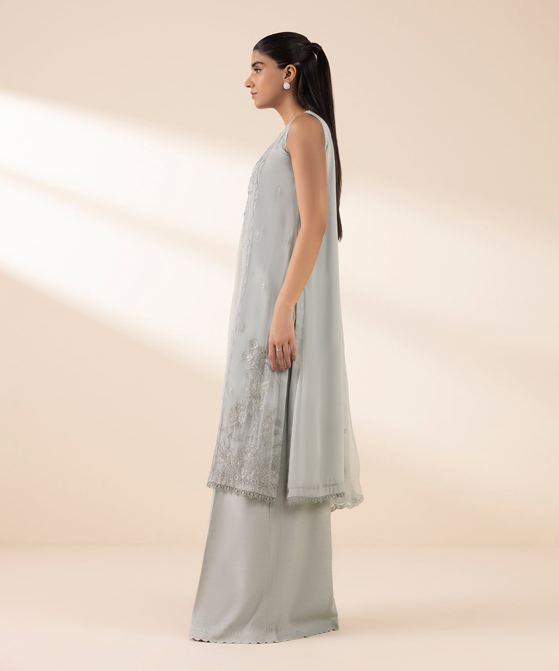 Women's Unstitched Blended Chiffon Embroidered Grey 3 Piece Suit
