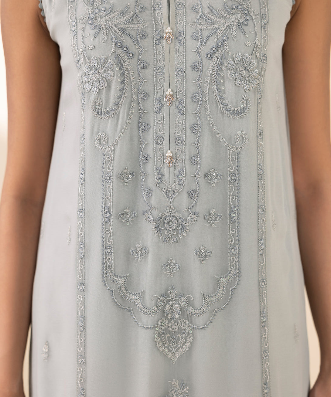 Women's Unstitched Blended Chiffon Embroidered Grey 3 Piece Suit