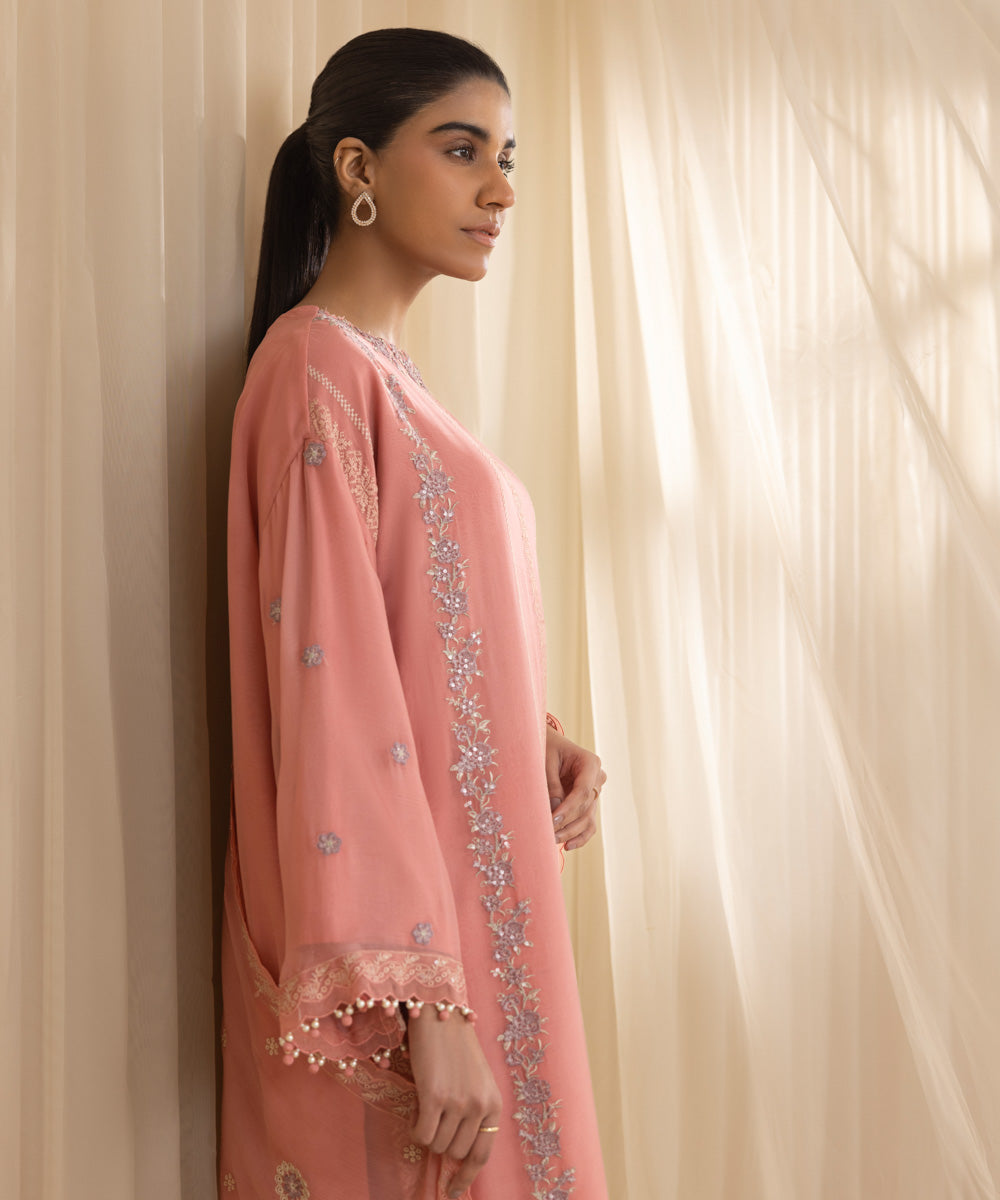 Unstitched Women's Embroidered Blended Chiffon Pink Three Piece Suit