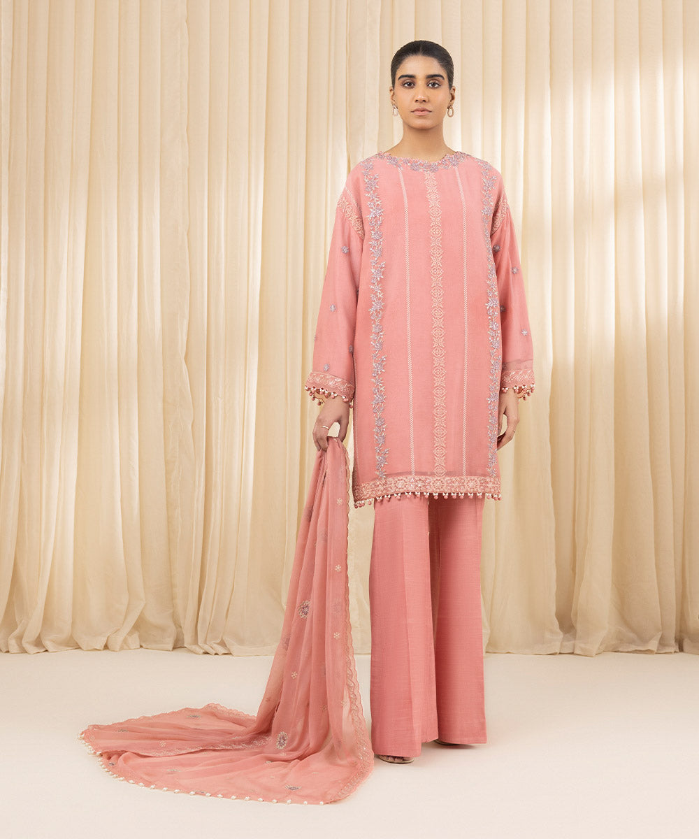 Unstitched Women's Embroidered Blended Chiffon Pink Three Piece Suit