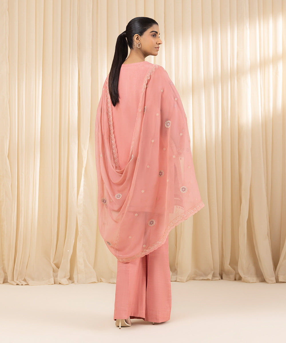 Unstitched Women's Embroidered Blended Chiffon Pink Three Piece Suit