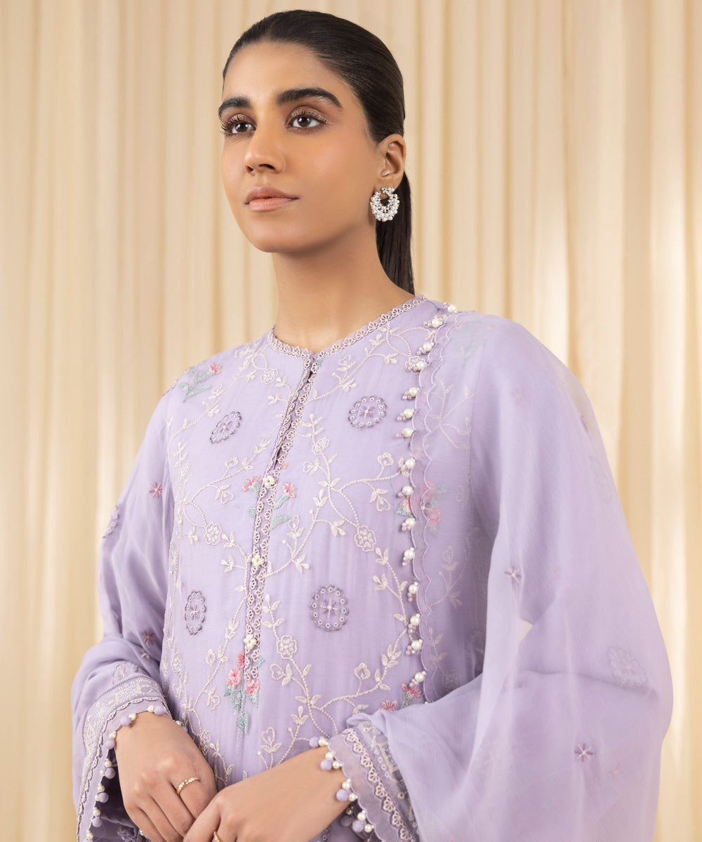 Unstitched Women's Embroidered Blended Chiffon Purple Three Piece Suit