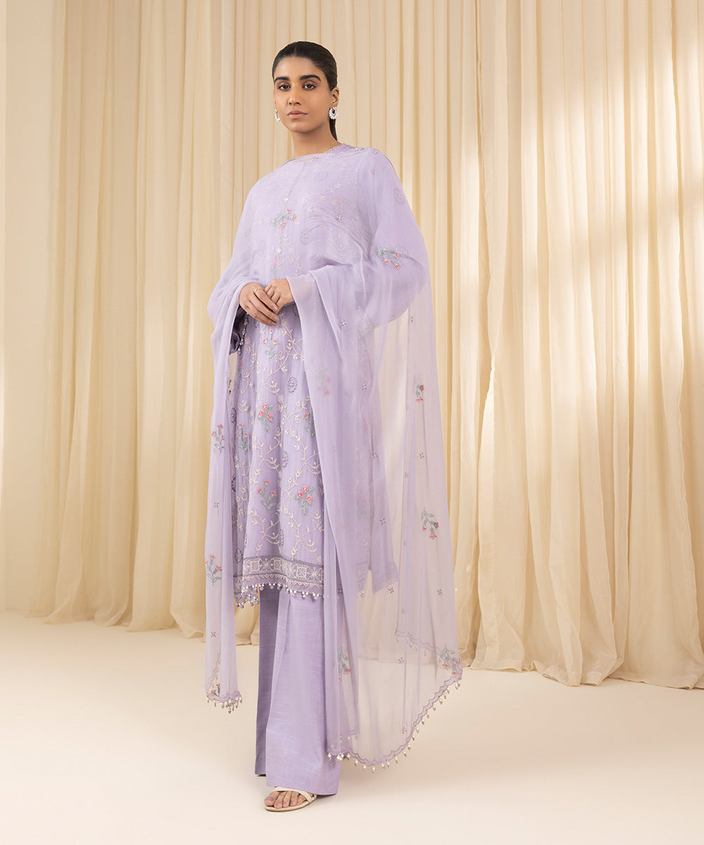 Unstitched Women's Embroidered Blended Chiffon Purple Three Piece Suit