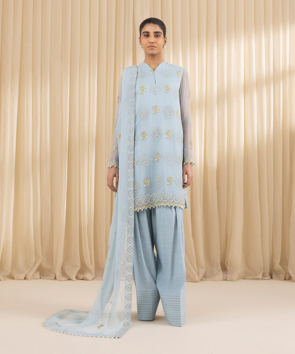 Unstitched Women's Embroidered Blended Chiffon Blue Three Piece Suit