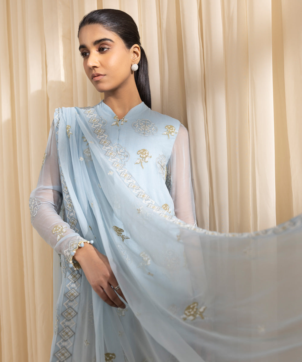 Unstitched Women's Embroidered Blended Chiffon Blue Three Piece Suit