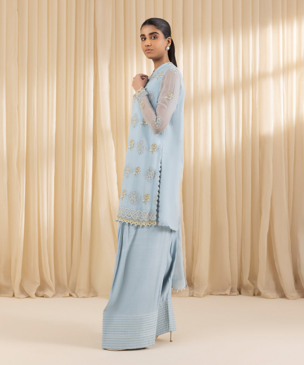 Unstitched Women's Embroidered Blended Chiffon Blue Three Piece Suit