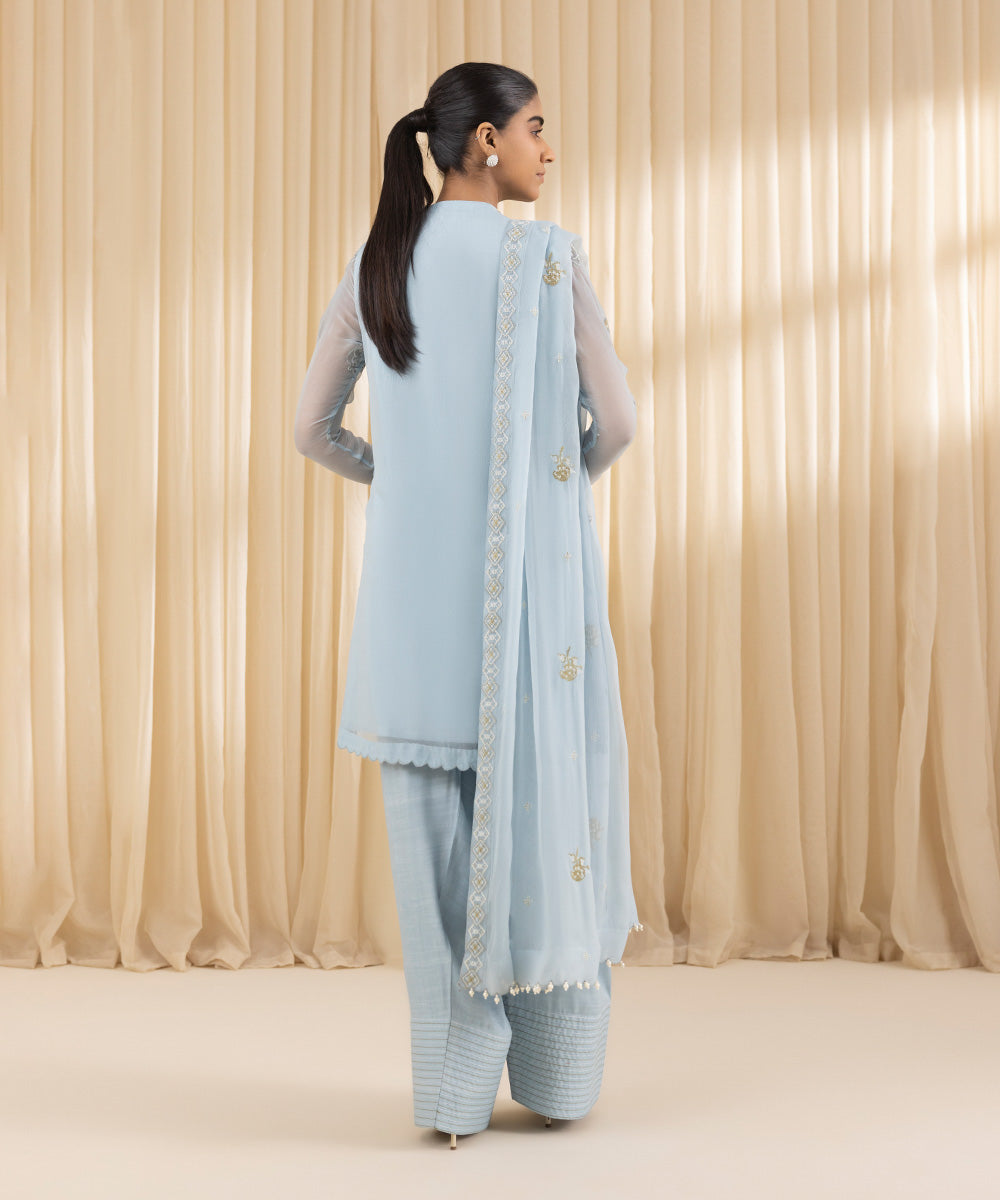 Unstitched Women's Embroidered Blended Chiffon Blue Three Piece Suit